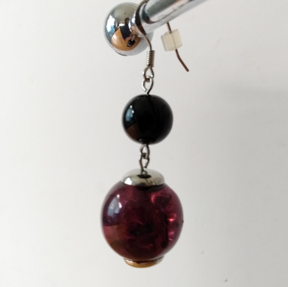 925 Sterling Silver Shepherd Hook Purple and Black Glass Bead Earrings - Picture 4 of 4